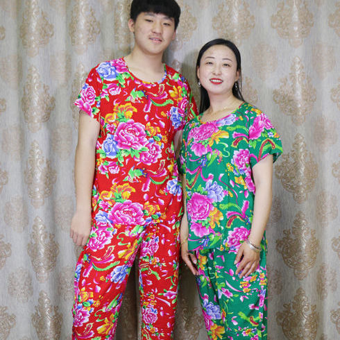 东北大花亲子装棉绸男女大码短袖t恤民族风夏季二人转表演服潮服红色