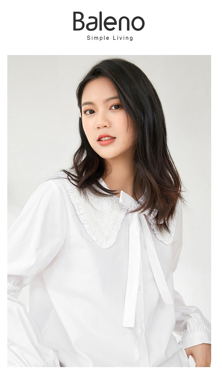 baleno班尼路2021春秋新款校园风蕾丝领纯白开胸长袖衬衫女柔软宽松