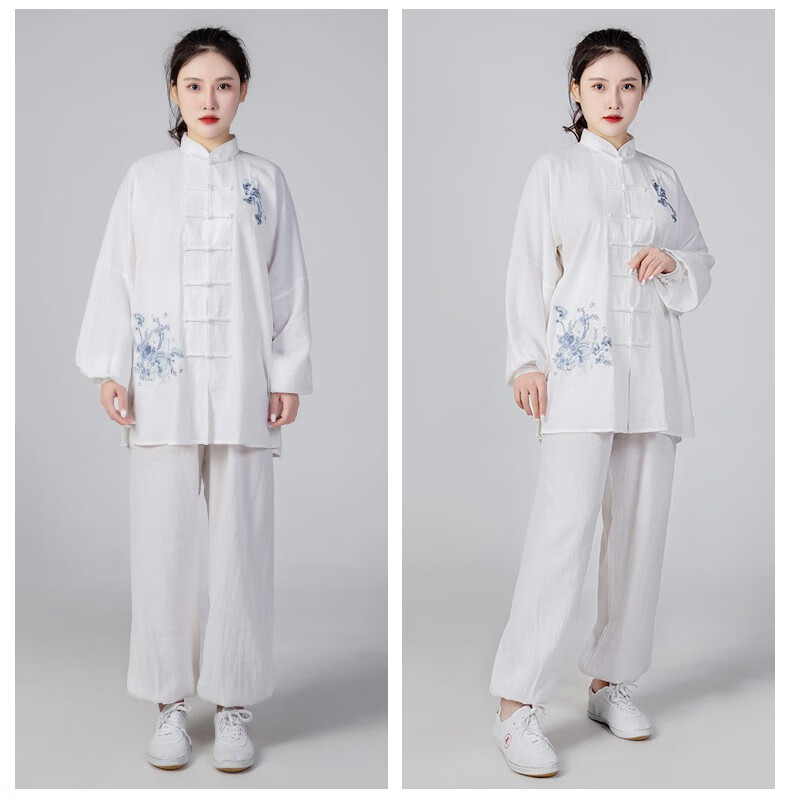 太极服棉麻女春秋季武术服团体表演服演出服亚麻棉太极拳练功服套装乳