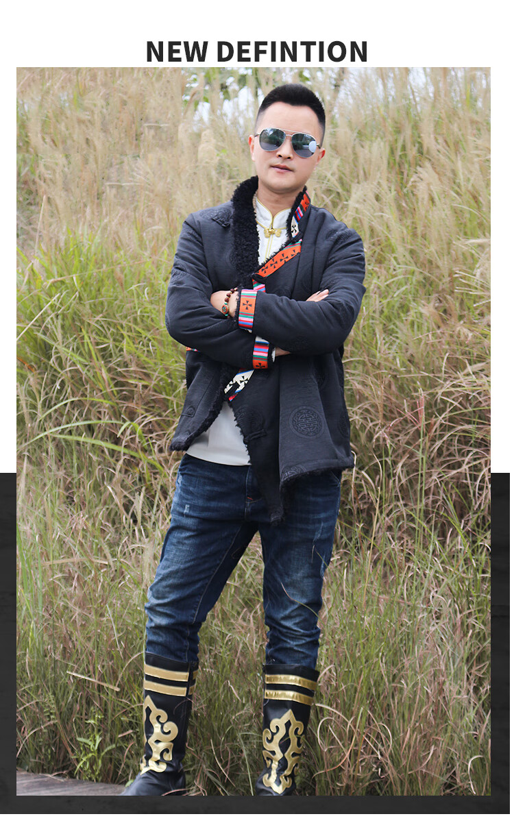 西木柒藏族衣服男新款藏袍男冬季藏装黑毛加绒保暖短款氆氇西藏民族风