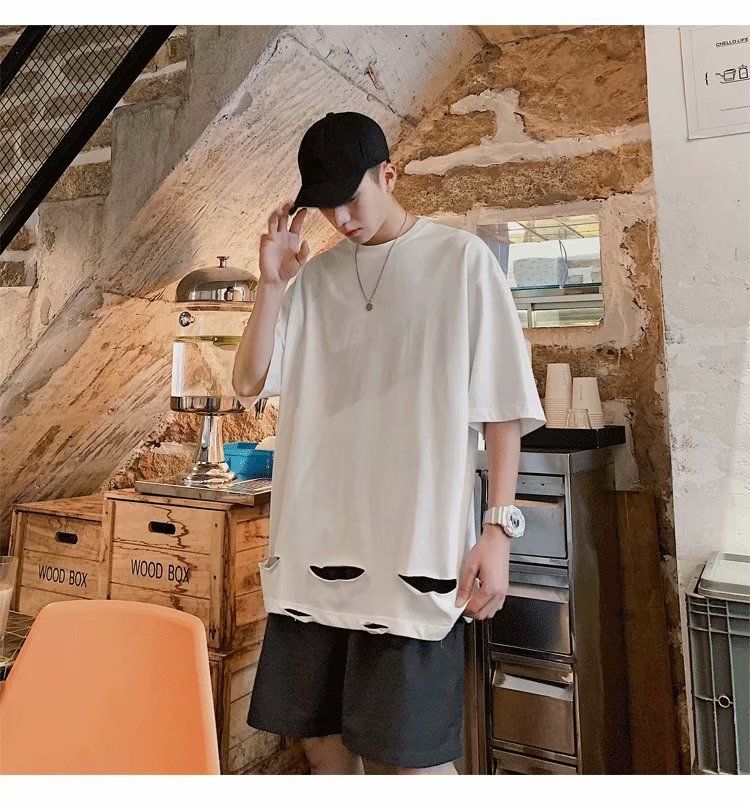 潮牌潮流破洞短袖t恤男夏季乞丐衣服外穿宽松五分半袖内搭打底衫黑色