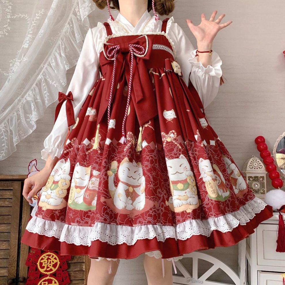 花岚娜洛丽塔lolita洋装贺岁猫中华风汉元素jsk吊带连衣裙女红色裙