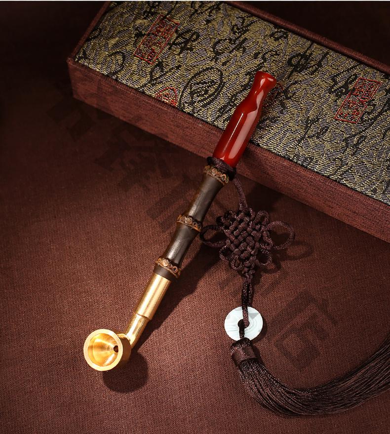 叶子烟旱烟 手工紫竹节烟斗红玛瑙嘴旱烟袋传统老式铜烟烟锅子男士