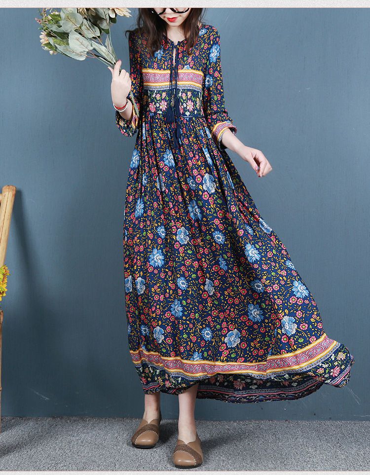 σο复古民族风棉质印花连衣裙女春夏季长款大摆裙宽松波西米亚长裙子
