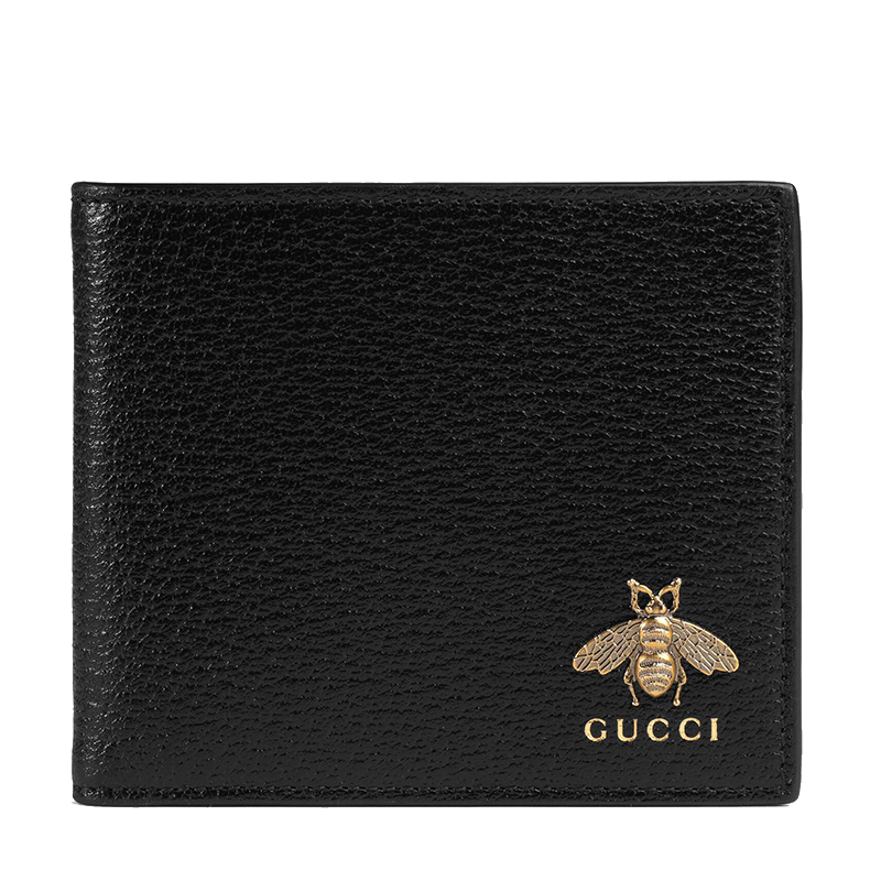 gucci古驰经典款男士黑色皮革金色小蜜蜂图案带零钱包对折短款钱包