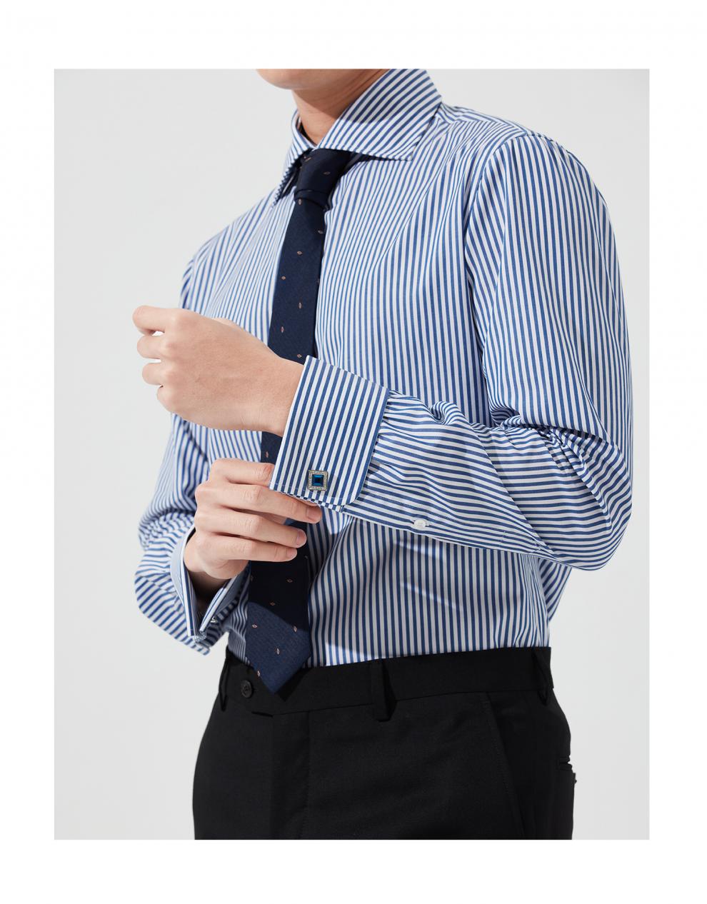 hany那不勒斯手工法式衬衫男蓝色条纹正装男士高端温莎领高领衬衣法