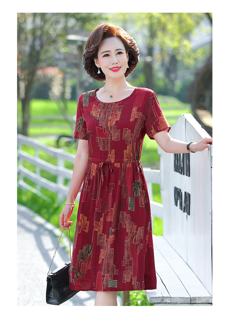 五十岁大妈穿的裙子妈妈夏装短袖连衣裙棉绸40岁小个子中年妇女过膝裙