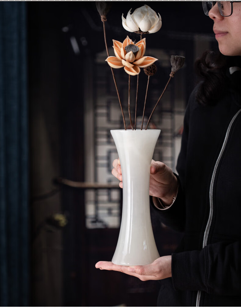 宽口花瓶新中式天然玉石花瓶摆件客厅插花轻奢创意宽口简约白色花樽百