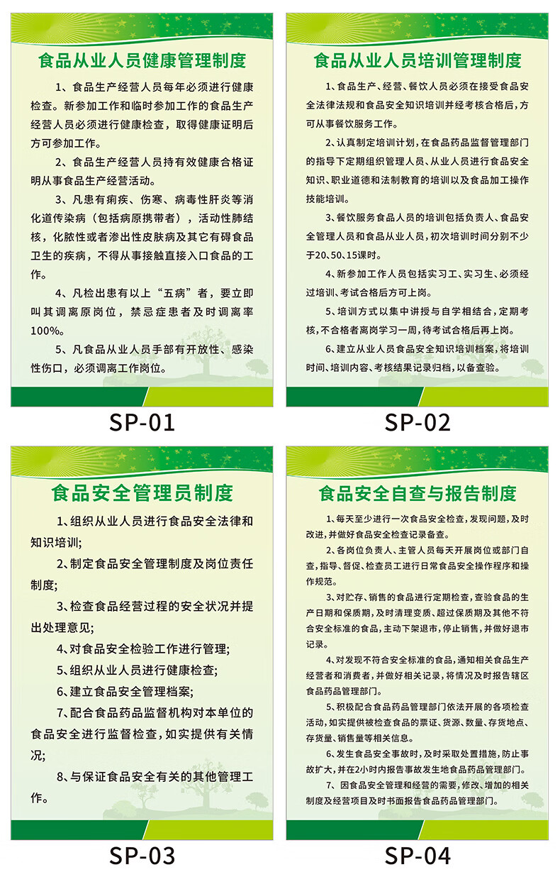 食品安全管理制度牌套裝食品從業人員健康管理生產人員培訓管理應急