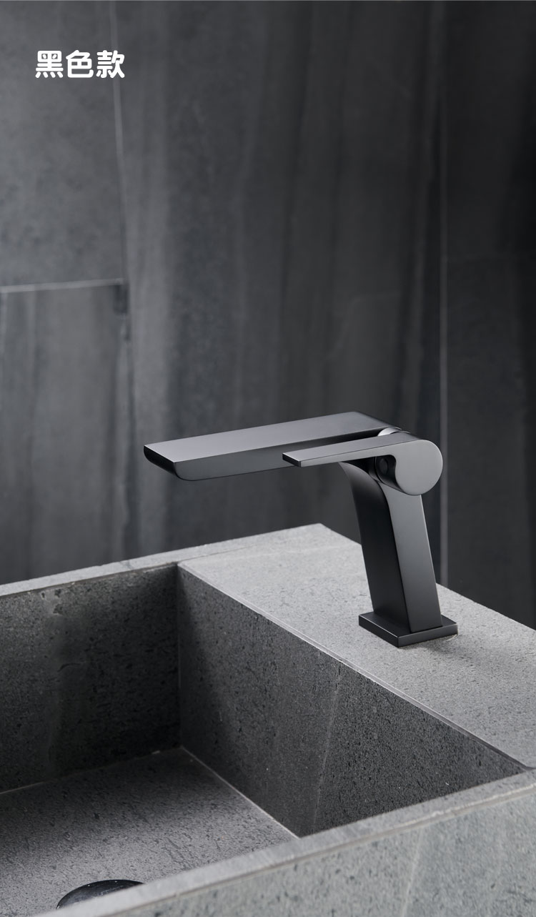洗手面盆全铜冷热拉丝枪灰色水龙头侧开瀑布式出水北欧inshi款哑光黑
