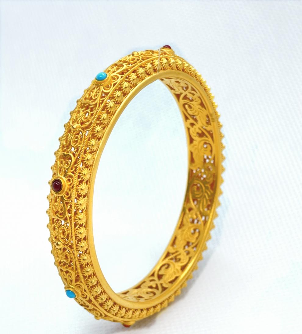 金喜晟古法金足金999古法黄金如意缠枝纹花丝镂空手镯送礼实心定制