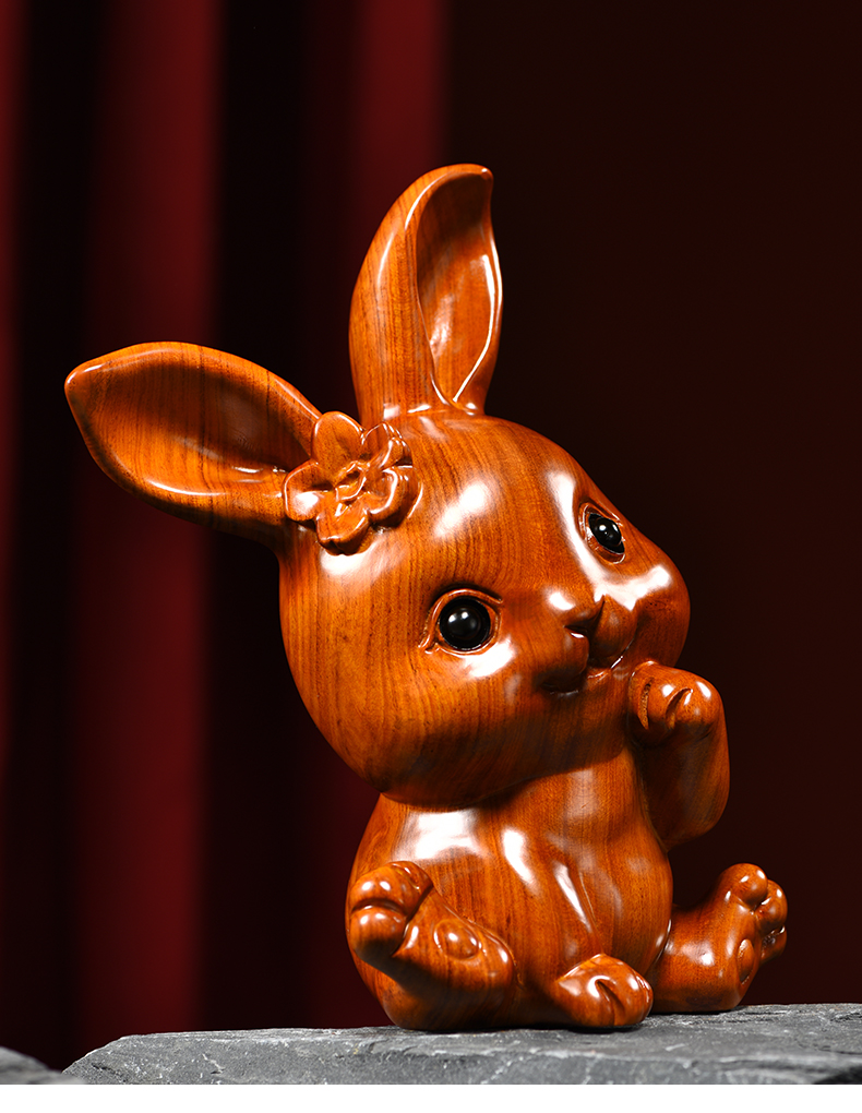 qwc 木雕摆件小兔子实木头雕刻动物生肖家居客厅装饰书架女友生日礼物