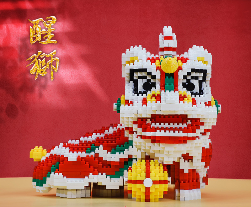国潮醒狮微粒积木兼容乐高男孩成年立体拼装玩具拼图礼物16157醒狮头