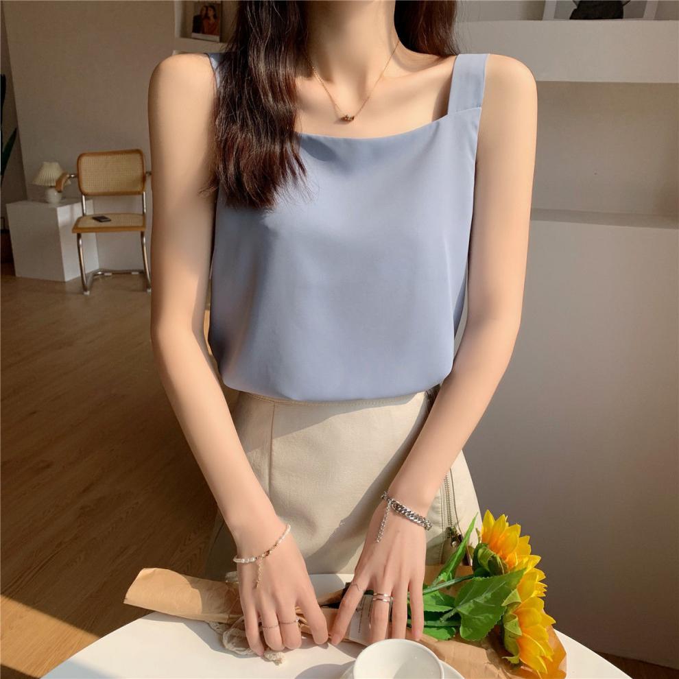 小吊带雪纺新款女夏外穿设计感小众宽松短款雪纺上衣内搭背心白色宽