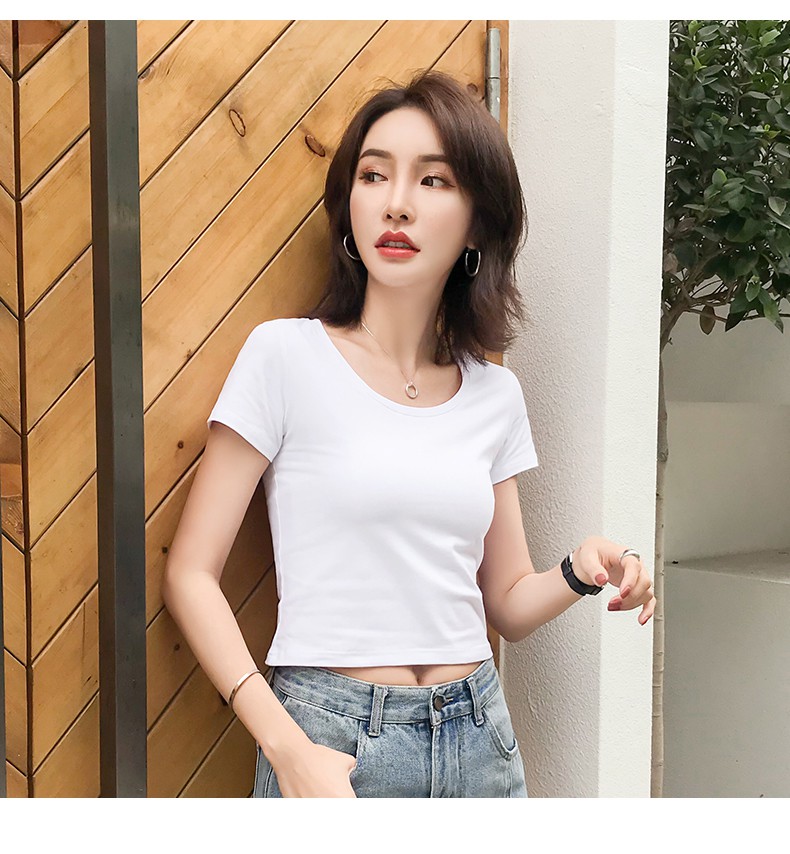 露脐高腰超短款上衣夏天女生露肚子小心机短袖t恤漏肚脐棉质紧身性感