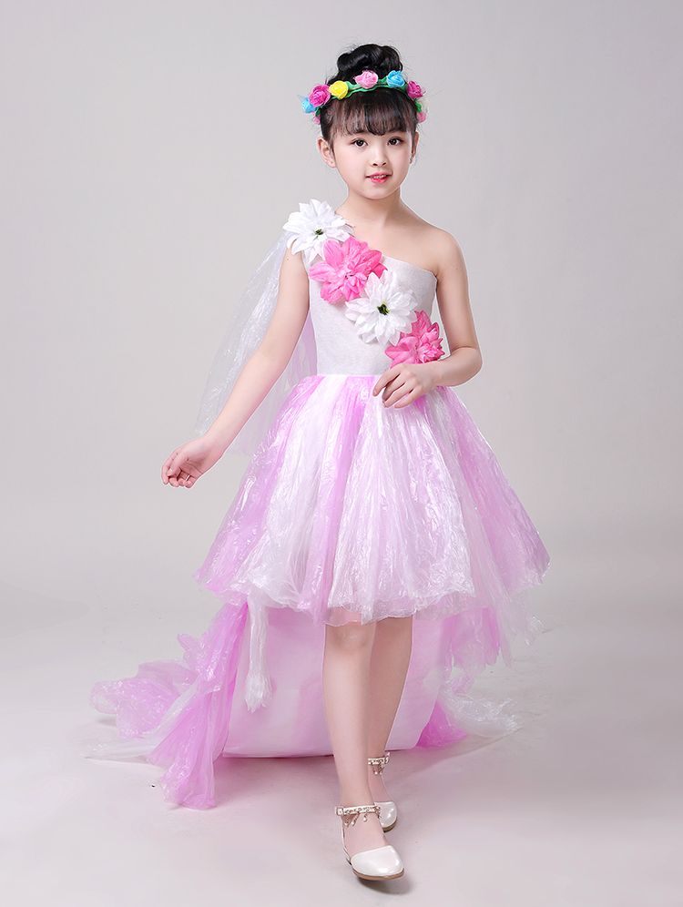 儿童环保服时装秀衣服演出服diy材料手工自制亲子走秀拖尾公主裙 白色