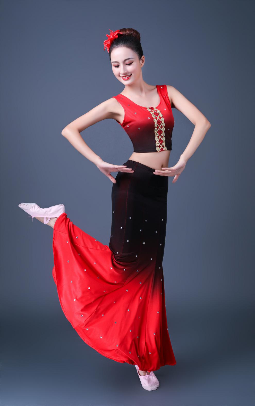 新款傣族舞蹈服女艺考服演出服孔雀舞服装演出服练习舞蹈裙女蓝白渐变