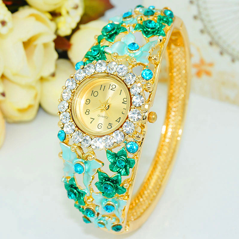 流行女士景泰蓝手表手镯蝴蝶手表珐琅彩手表复古水钻镯子 红色b033-1