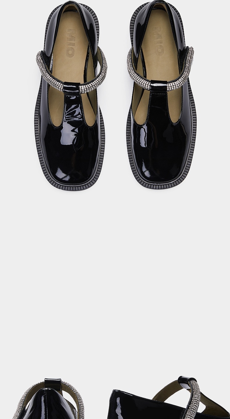 mio米奥女鞋秋季漆皮碎钻带t字带简约浅口玛丽珍单鞋白色34