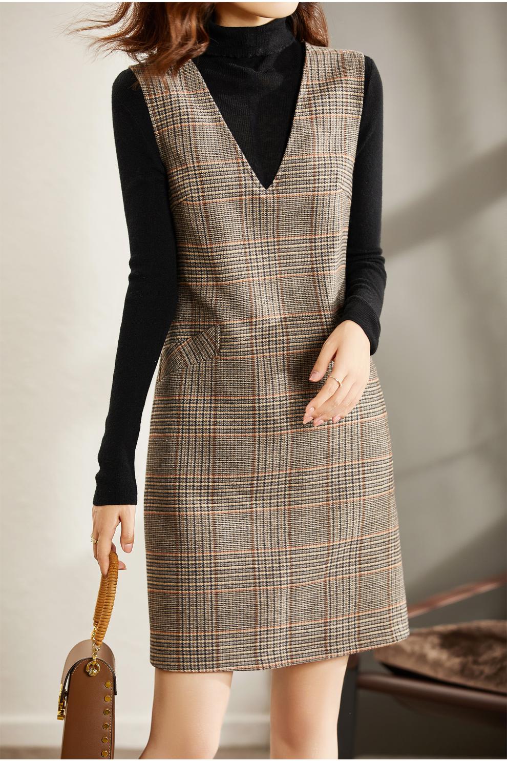 梵希蔓法式复古格子背心裙秋季新款连衣裙v领显瘦小个子叠穿裙子 f