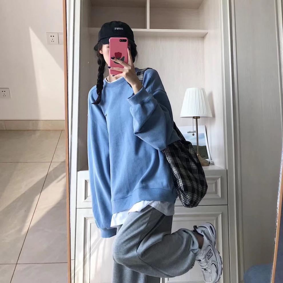 单套装春秋季韩版宽松假卫衣女学生洋气ins外套运动裤薄款089假两件