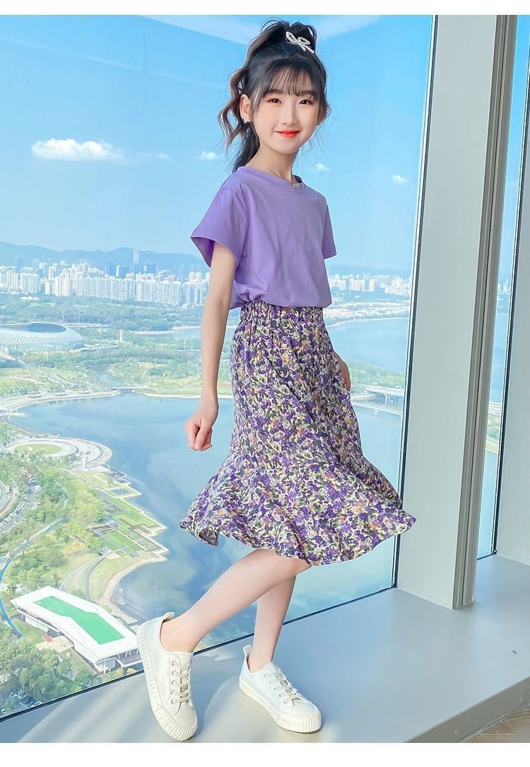 纤月情女童衣服夏装半身裙套装小女孩衣服9一12岁中大儿童休闲夏天t恤