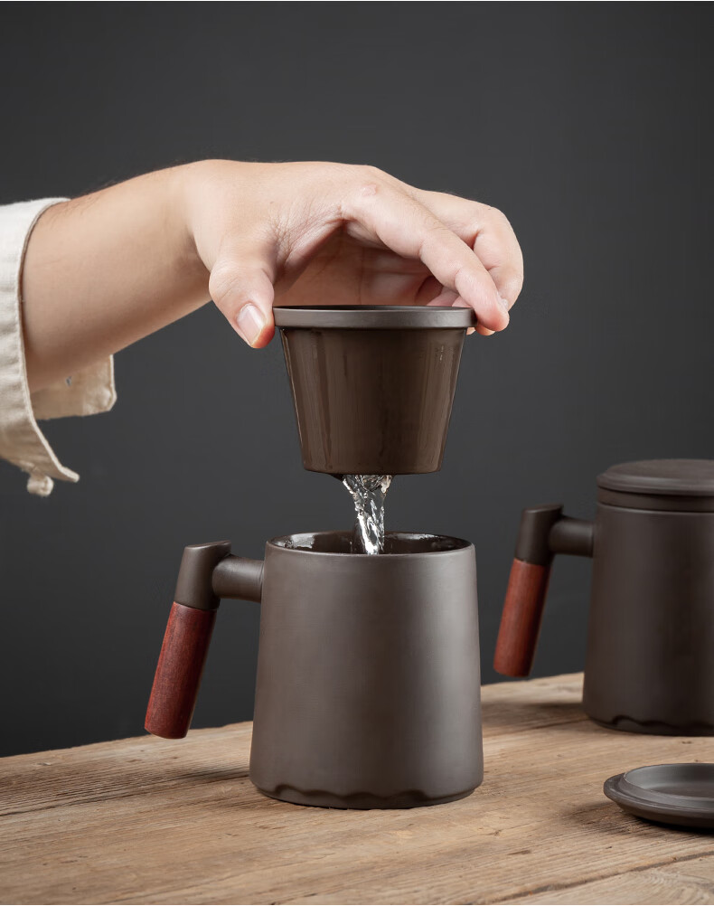 花娣 茶道杯木把 沏茶杯 创意木柄紫砂泡茶杯 带盖过滤茶杯茶水分离