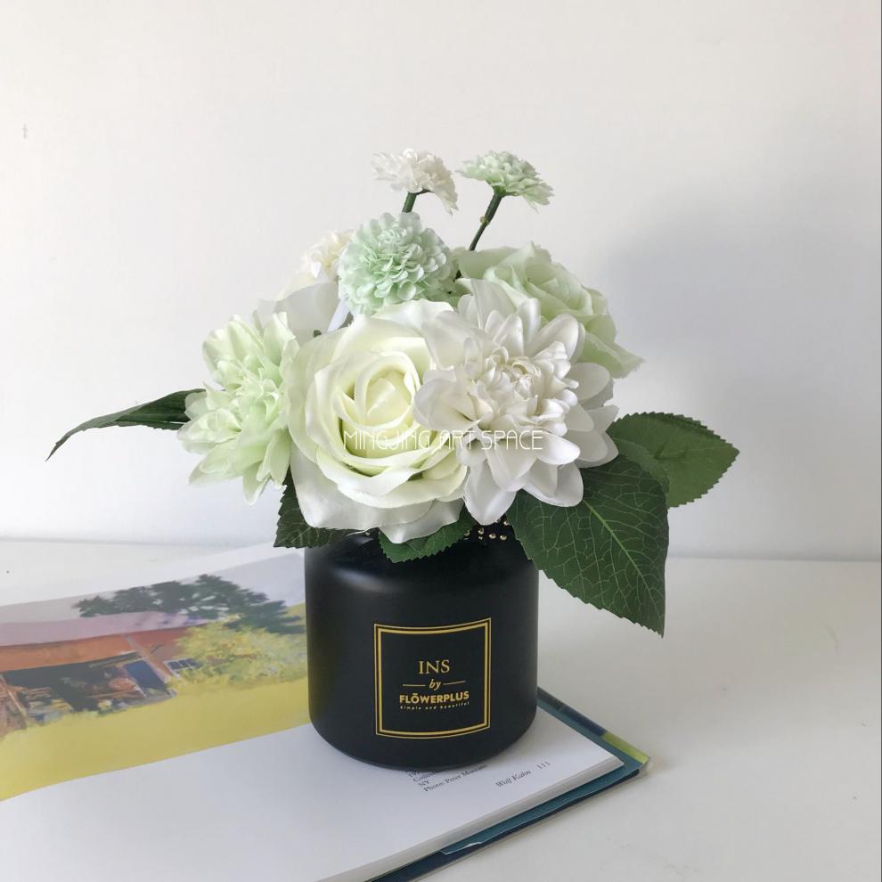 ins北欧玻璃花瓶花束套装家居客厅摆件插花花瓶拍照假花香槟色黑瓶