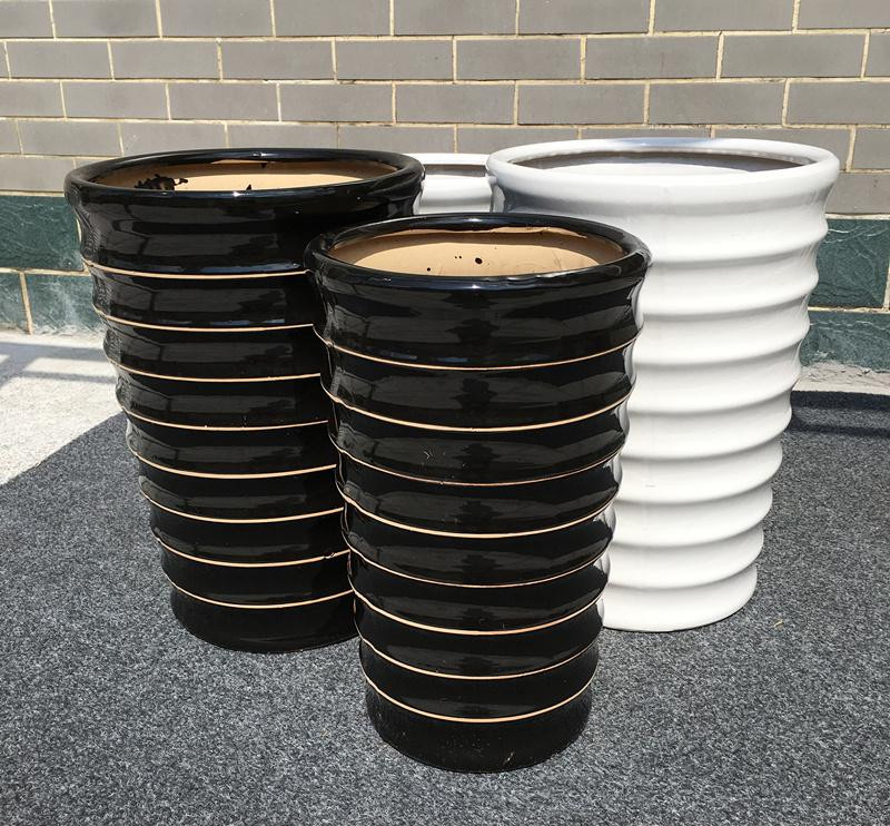 简约异形黑白螺纹圆形客厅高筒特大号陶瓷花盆发财树虎皮兰散尾葵th4