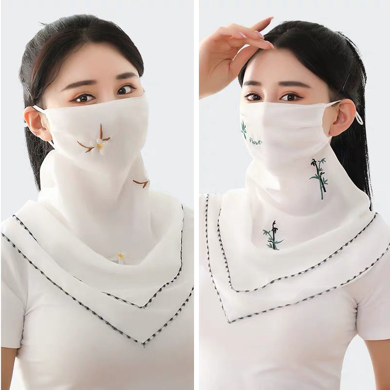 遮面口罩春夏防晒面纱女护颈薄款口罩透气全脸开车骑行挂耳 雪芽桃花