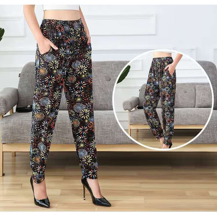 中老女裤清凉裤夏季薄款宽松冰丝外穿休闲弹力大妈老年花裤子九分大树