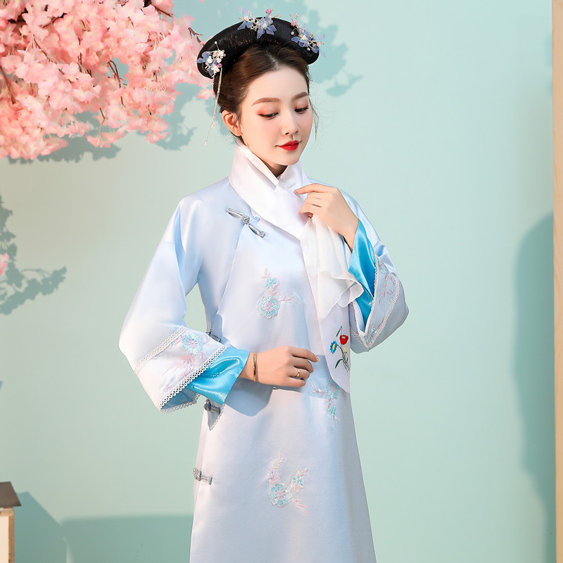 还珠格格服装古装令妃清朝宫廷格格妃子服写演出服 淡绿色衣服加围巾