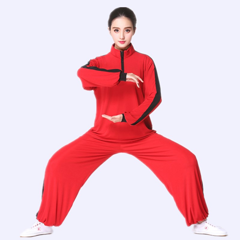 旗舰弹力冰丝套装立领木兰服太极服女武术服练功服男太极拳服装大红色