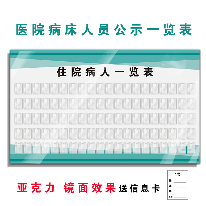 尚萊明醫院住院病人一覽表公示牌病床人員信息標識亞克力鏡面卡兜插入