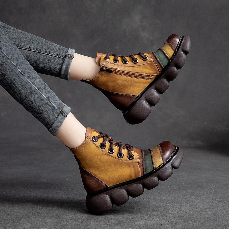 女式民族风皮鞋短靴复古女靴民族风女士秋冬靴子真皮厚底撞色彩虹鞋