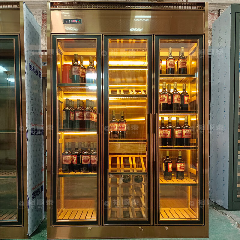 精品】厂家定作酒店餐厅酒窖落地红酒展示柜 轻奢不锈钢恒温恒湿酒柜