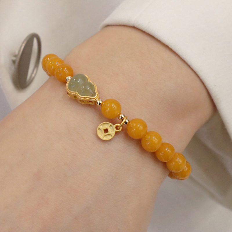 一北蜜蜡手串女老蜜鸡油黄和田玉葫芦手链古风圆珠饰品6mm蜜蜡和田玉