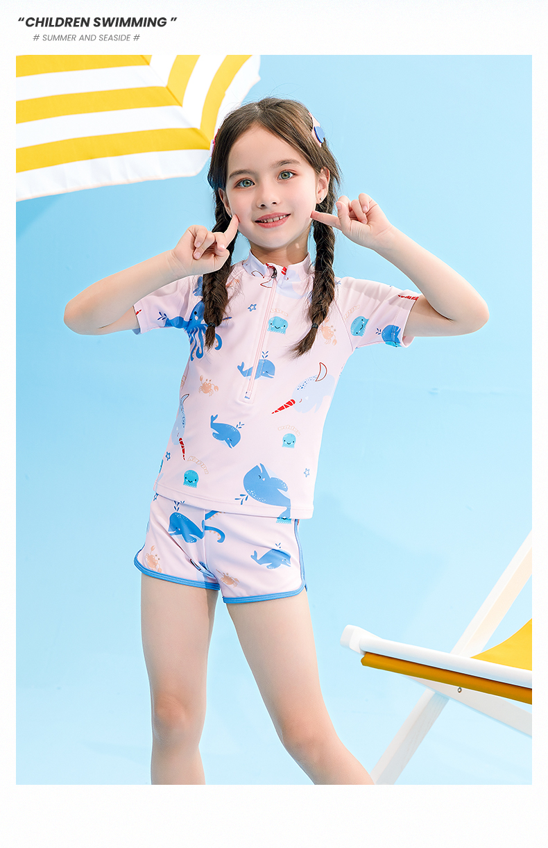kappa儿童游泳衣女童短袖分体式可爱宝宝小孩大童泳装粉色连体kp2