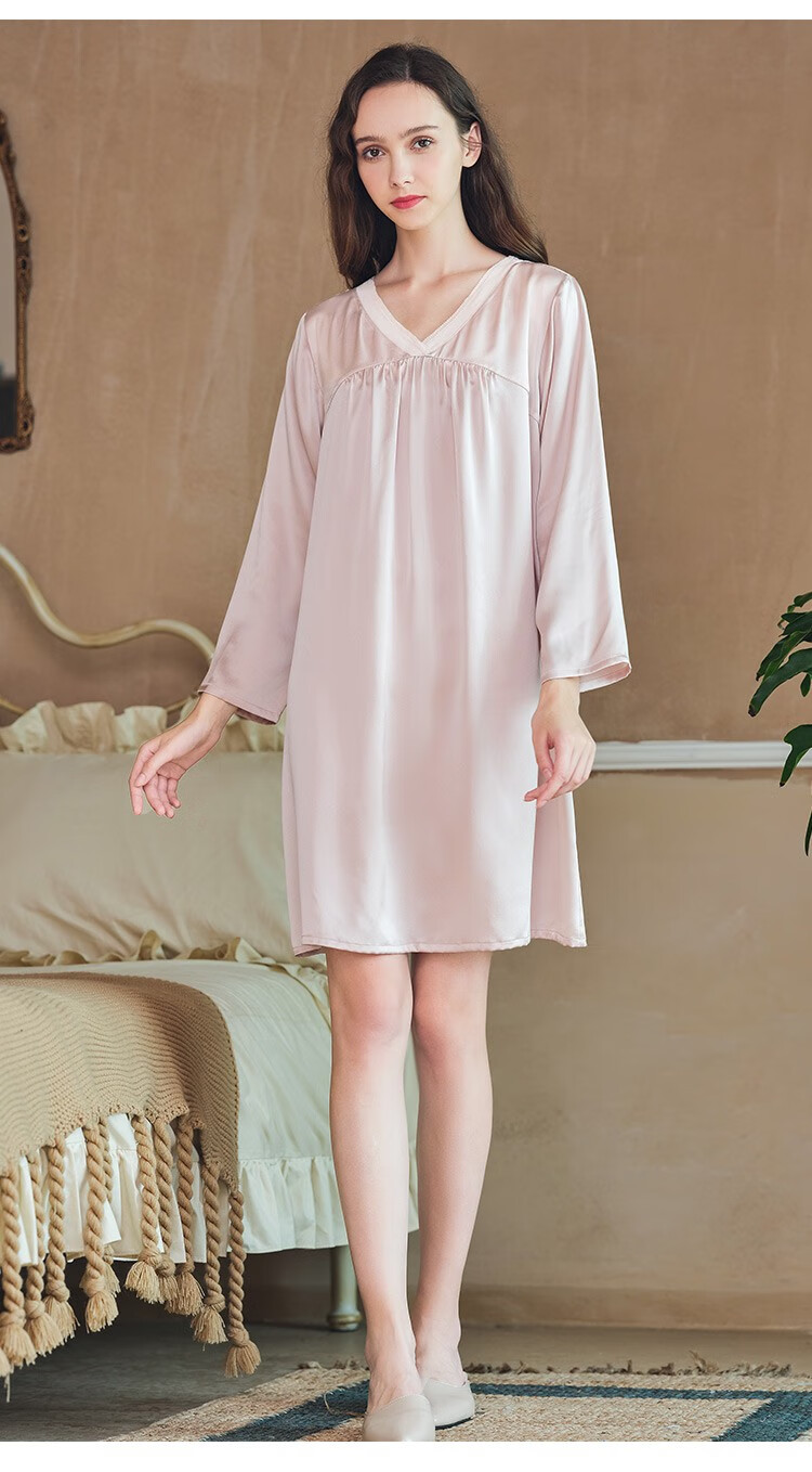 美标长袖真丝睡裙女春秋性感蕾丝睡衣新款19姆米重磅桑蚕丝绸家居服夏