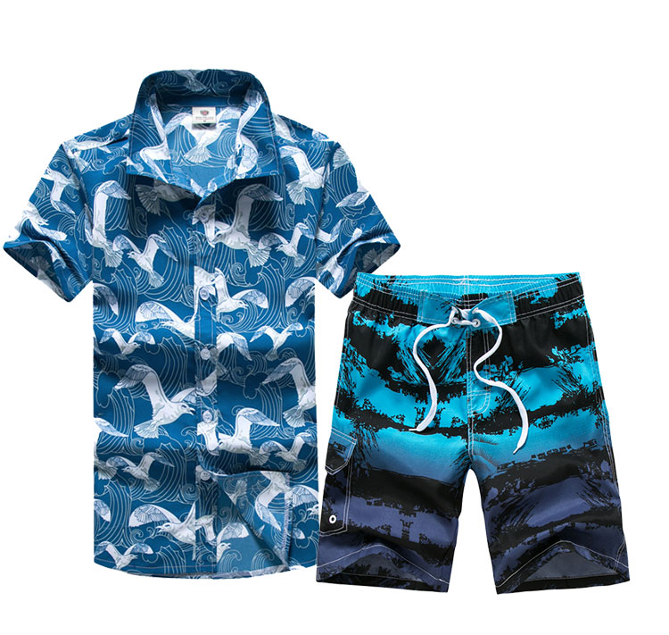 海南沙滩服男套装泰国海边度假夏威夷短袖花衬衫女帅气一套宽松潮白色