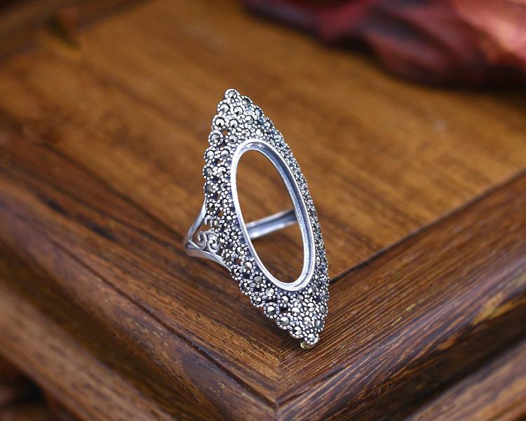 洛华琦s925银戒指空托9*18镶嵌蜜蜡戒面复古活口戒指托13*19戒托10*23