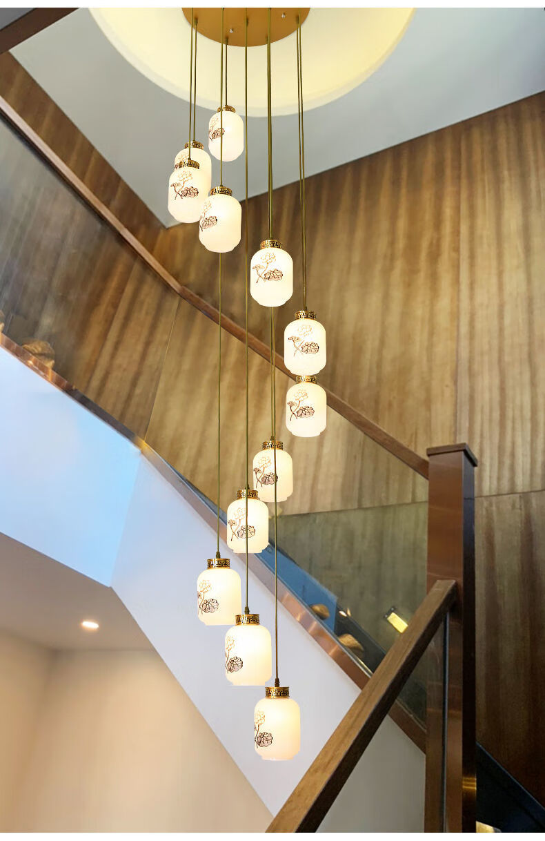 与善新中式楼梯灯长吊灯全铜珐琅彩loft阁楼灯现代中国风别墅复式楼灯