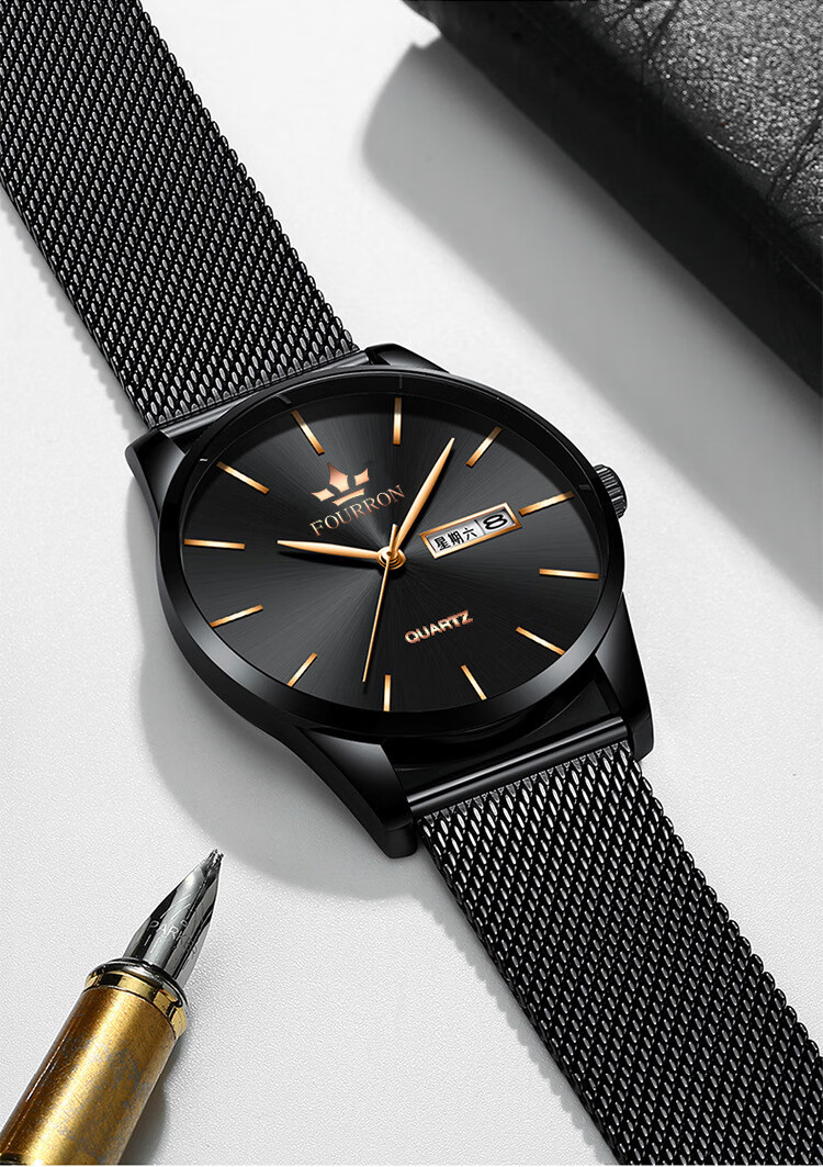 fourron手表男士日历时尚休闲商务男腕表薄泛蓝光玻璃黑色钢带石英表