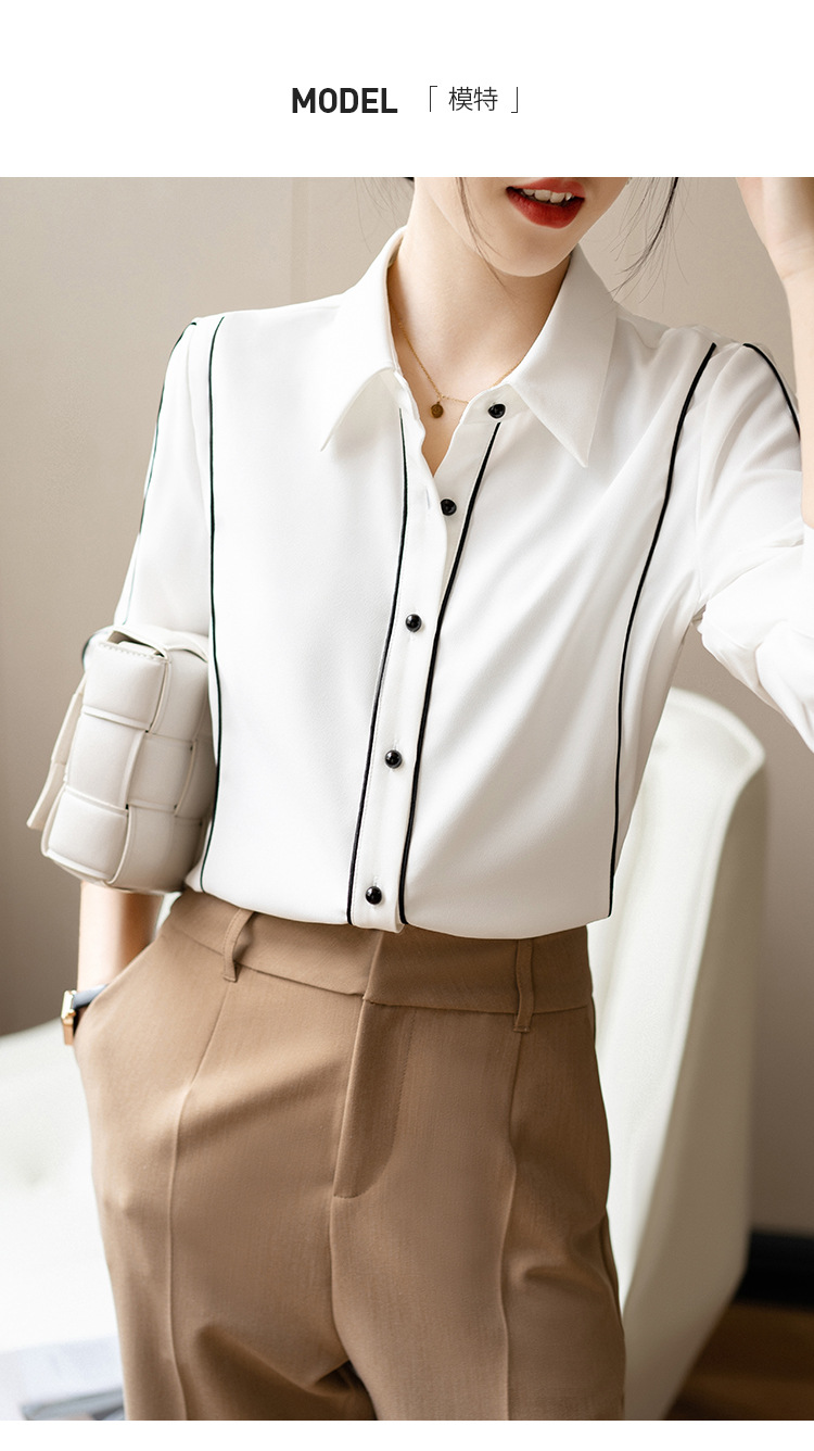 白色雪纺衬衫女长袖秋季2021新款港风职业装上衣撞色衬衣女 珍珠白 l