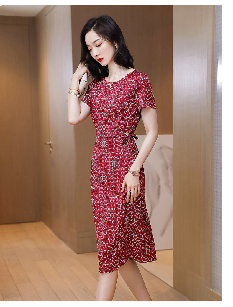 vkgz轻奢女装品牌真丝连衣裙女2021夏款新款格纹短袖长款收腰显瘦气质