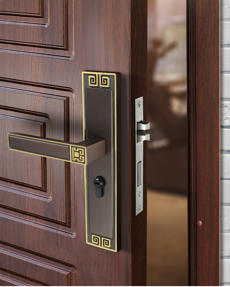 新中式门锁室内卧室仿古铜实木门锁具房间门锁家用通用型把手82h36黑