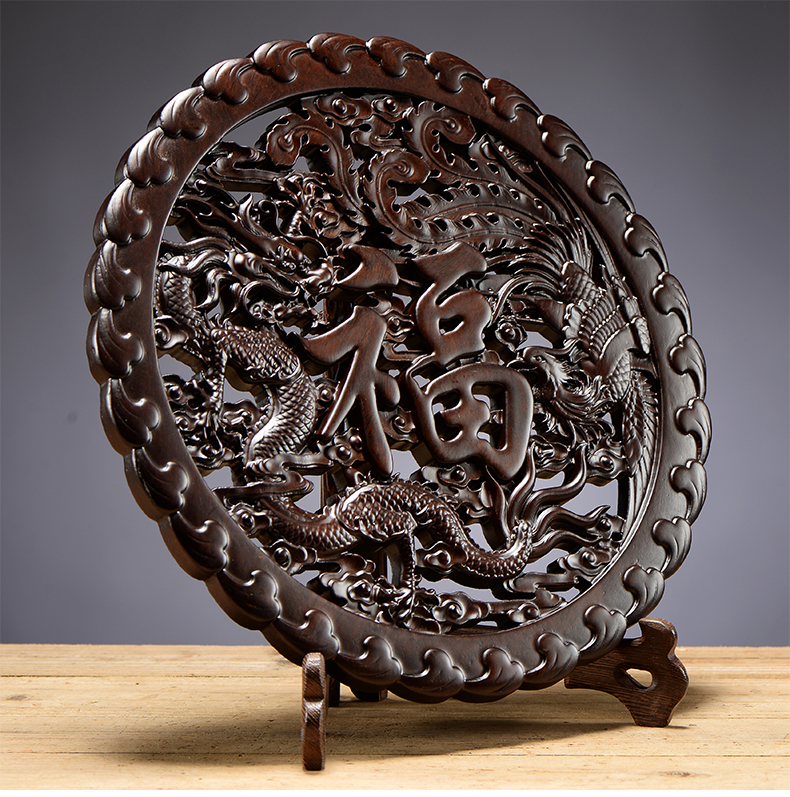 卡洛乐木雕福字摆件中式客厅电视柜实木圆形福字家居装饰工艺品送礼木