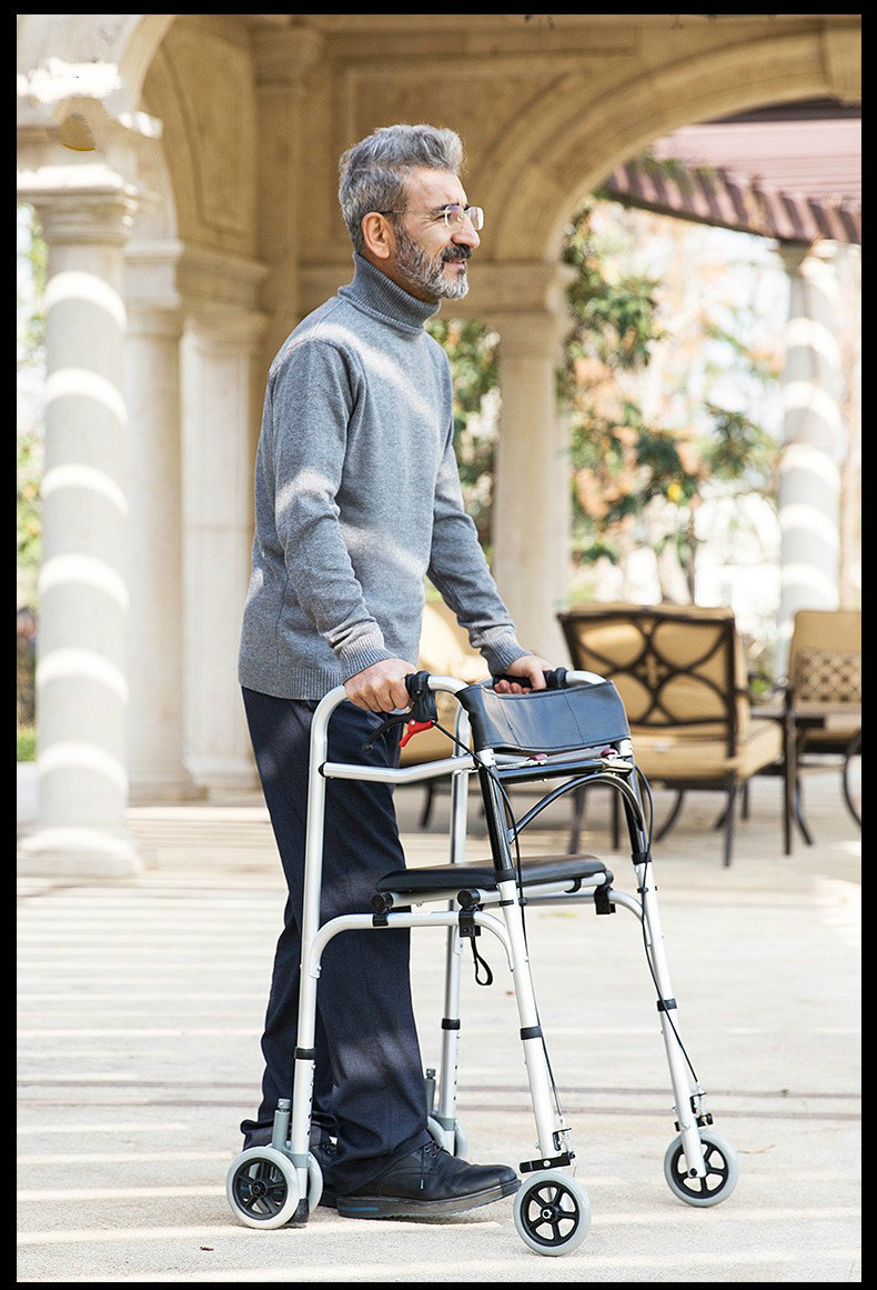 拐棍四脚椅凳拐杖助行器老人带轮带座老年人学步车助步器四轮车手推车