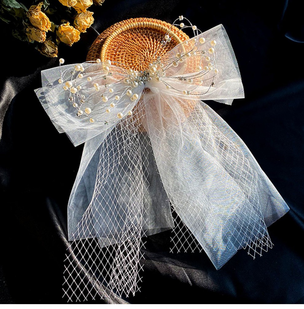 素聚 新款新娘串珠蝴蝶结头纱结婚造型配饰品旅拍写真超仙头饰网纱