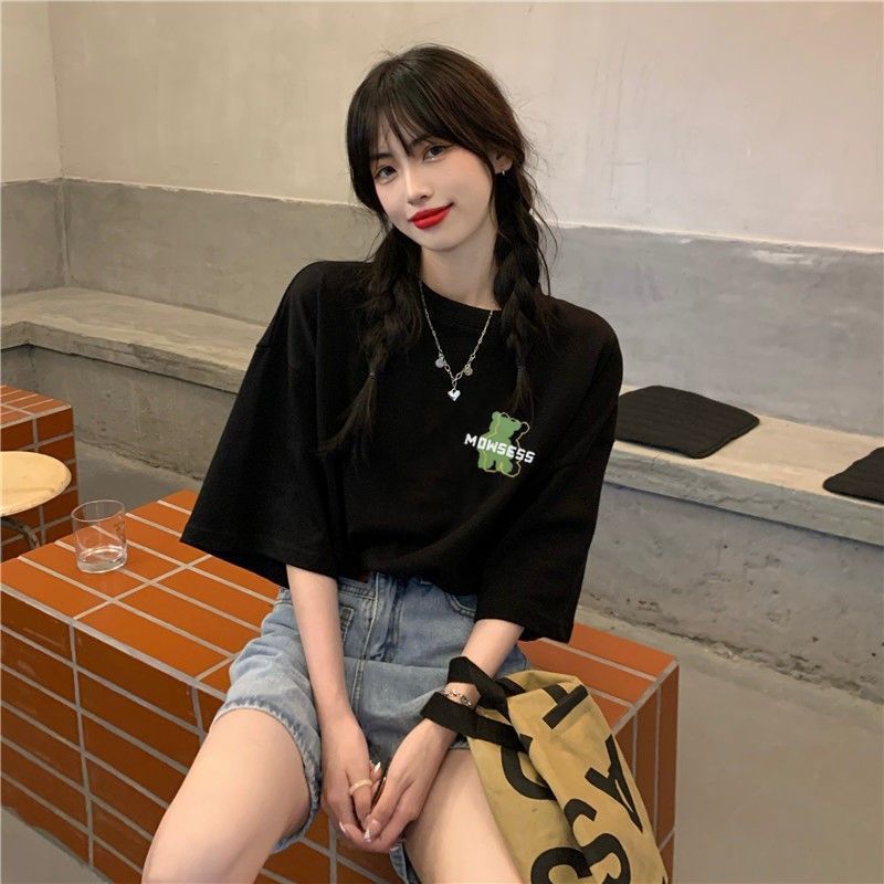 新品纯棉宽松黑色辣妹短款短袖恤女小个子原宿风上衣【短袖女】